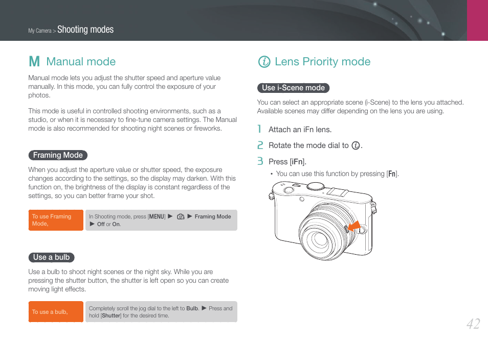 Manual mode, Framing mode, Use a bulb | Lens priority mode, Use i-scene mode, M manual mode, Framing mode use a bulb, I lens priority mode, Shooting modes | Samsung EV-NX100ZBABUS User Manual | Page 43 / 137