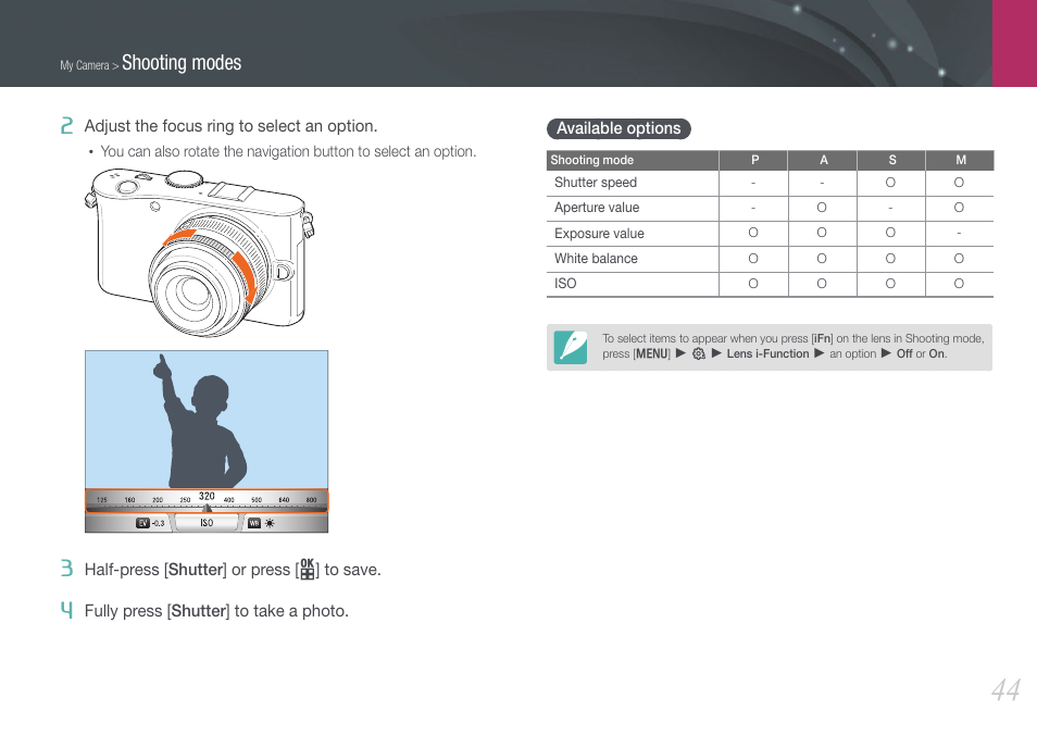 Available options, Shooting modes | Samsung EV-NX100ZBABUS User Manual | Page 45 / 137