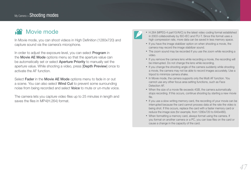 Movie mode, V movie mode, Shooting modes | Samsung EV-NX100ZBABUS User Manual | Page 48 / 137