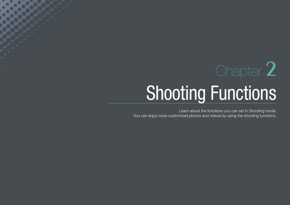 Chapter 2, Shooting functions, Chapter | Samsung EV-NX100ZBABUS User Manual | Page 50 / 137