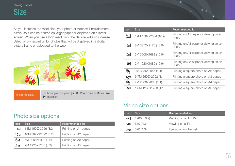 Size, Photo size options, Video size options | Photo size options video size options | Samsung EV-NX100ZBABUS User Manual | Page 51 / 137