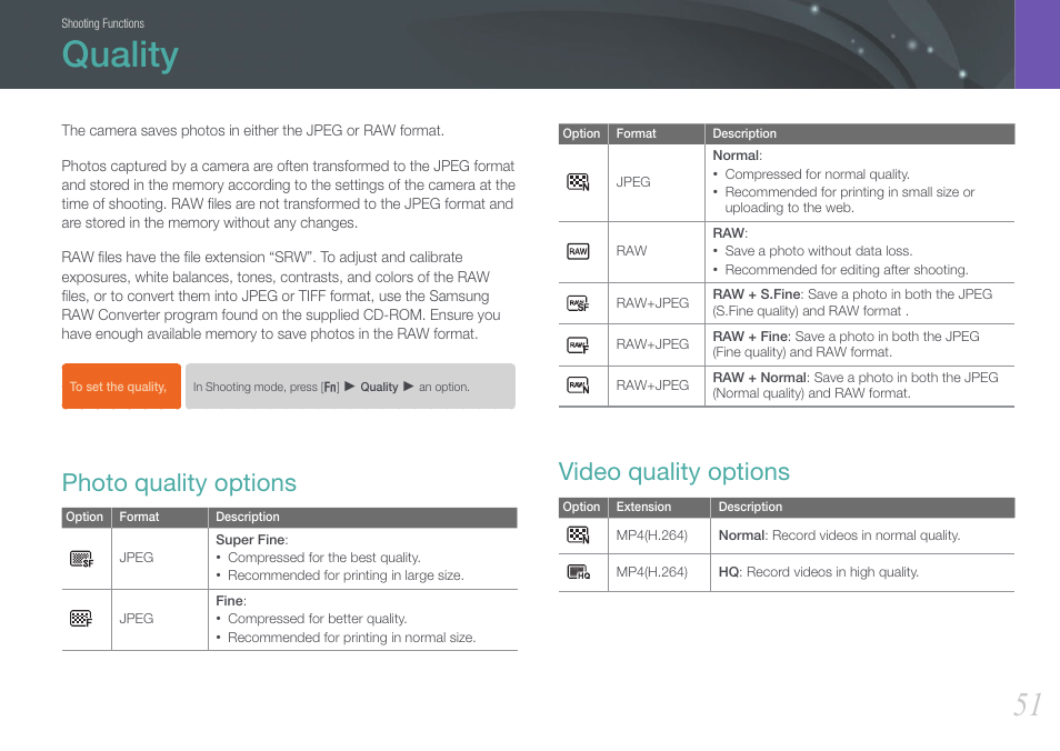 Quality, Photo quality options, Video quality options | Photo quality options video quality options | Samsung EV-NX100ZBABUS User Manual | Page 52 / 137