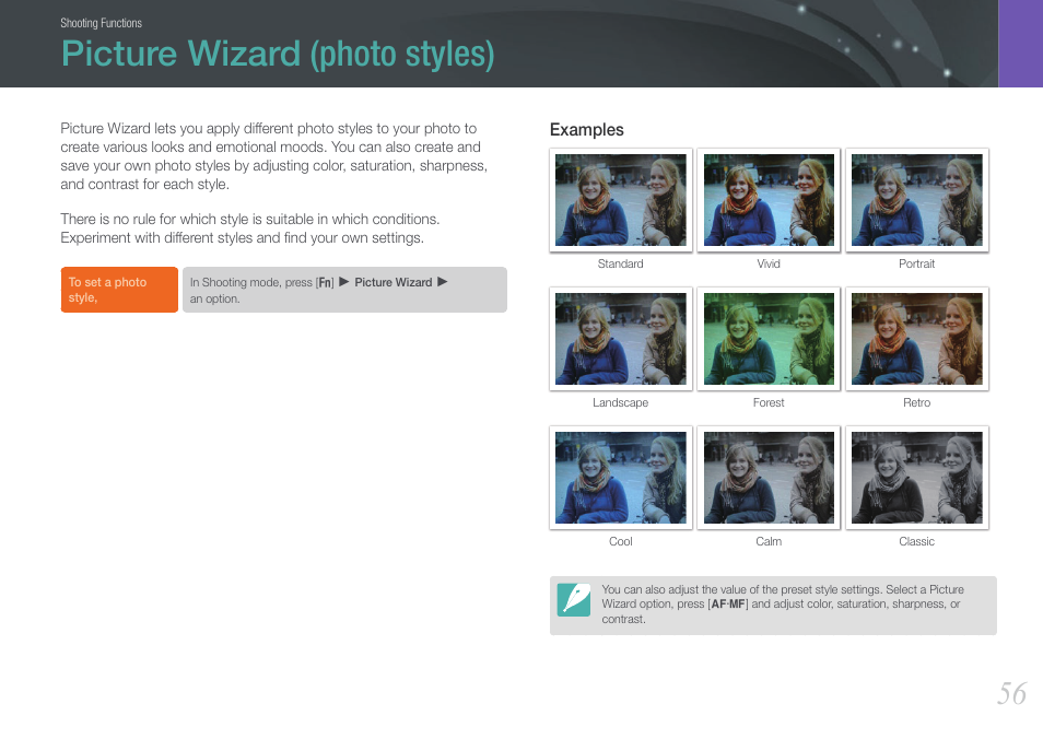 Picture wizard (photo styles) | Samsung EV-NX100ZBABUS User Manual | Page 57 / 137