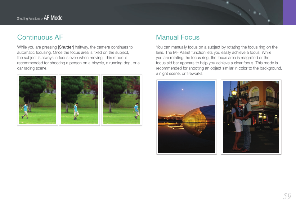 Continuous af, Manual focus, Continuous af manual focus | Samsung EV-NX100ZBABUS User Manual | Page 60 / 137
