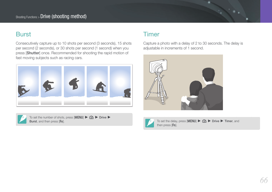 Burst, Timer, Burst timer | Drive (shooting method) | Samsung EV-NX100ZBABUS User Manual | Page 67 / 137