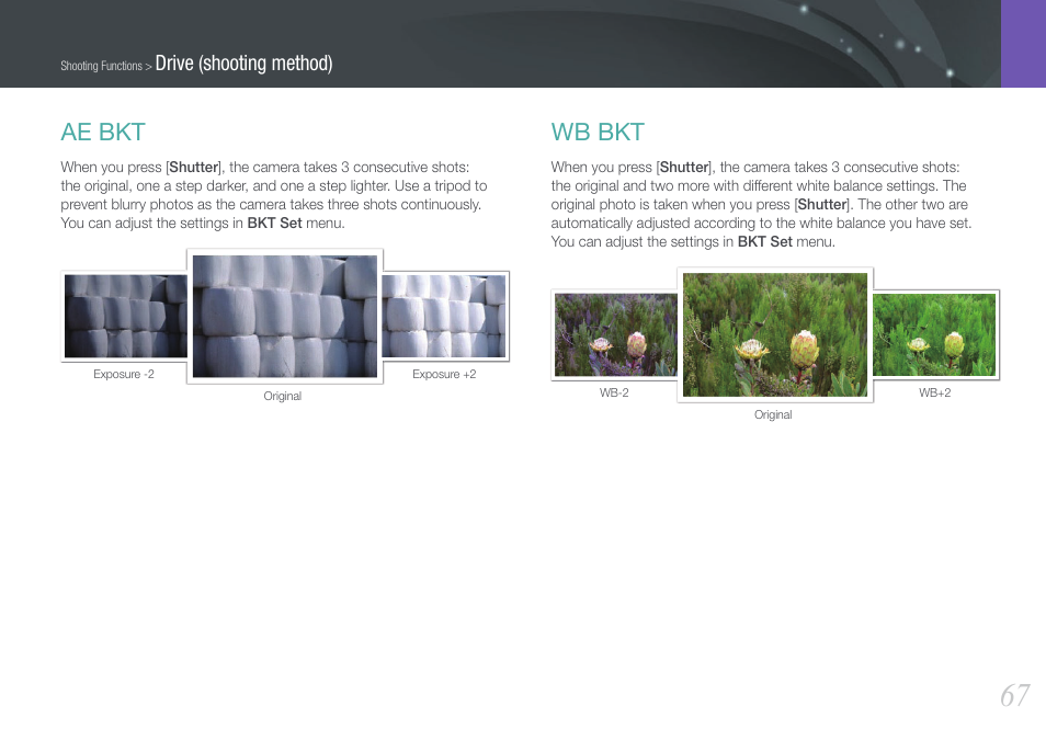 Ae bkt, Wb bkt, Ae bkt wb bkt | Drive (shooting method) | Samsung EV-NX100ZBABUS User Manual | Page 68 / 137