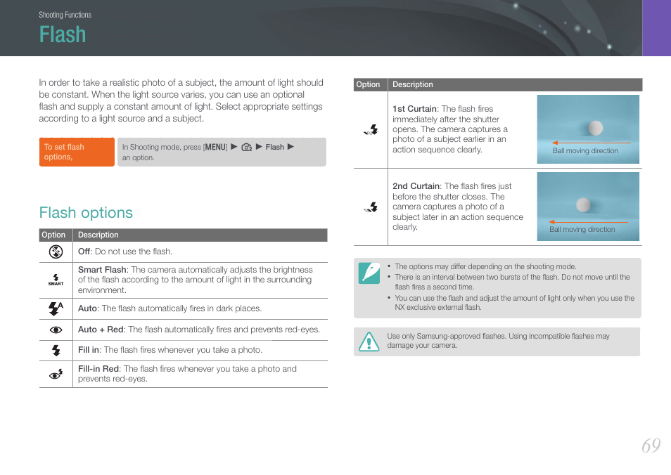 Flash, Flash options | Samsung EV-NX100ZBABUS User Manual | Page 70 / 137