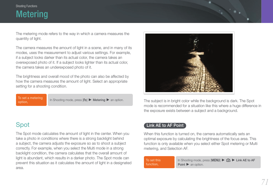 Metering, Spot, Link ae to af point | Samsung EV-NX100ZBABUS User Manual | Page 72 / 137