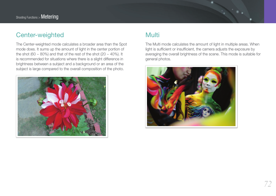 Center-weighted, Multi, Center-weighted multi | Samsung EV-NX100ZBABUS User Manual | Page 73 / 137