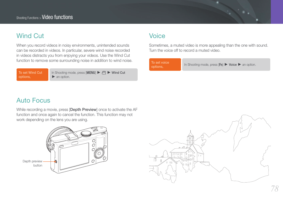 Wind cut, Auto focus, Voice | Wind cut auto focus voice, Video functions | Samsung EV-NX100ZBABUS User Manual | Page 79 / 137