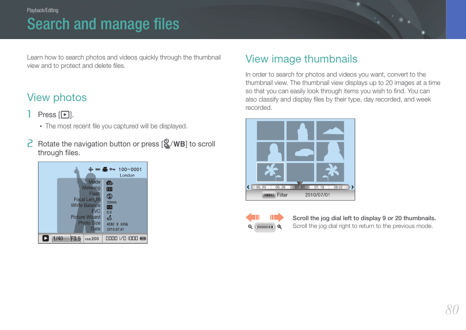 Search and manage files, View photos, View image thumbnails | Search and manage ﬁles, View photos view image thumbnails | Samsung EV-NX100ZBABUS User Manual | Page 81 / 137
