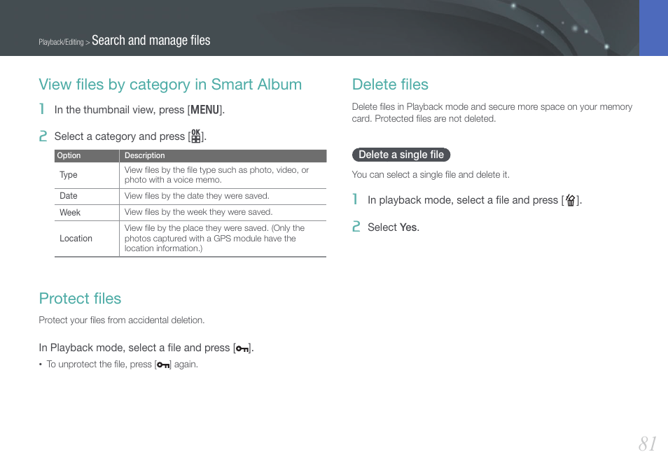 View files by category in smart album, Protect files, Delete files | Delete a single file, Delete a single ﬁle, View ﬁles by category in smart album, Protect ﬁles, Delete ﬁles, Search and manage ﬁles | Samsung EV-NX100ZBABUS User Manual | Page 82 / 137