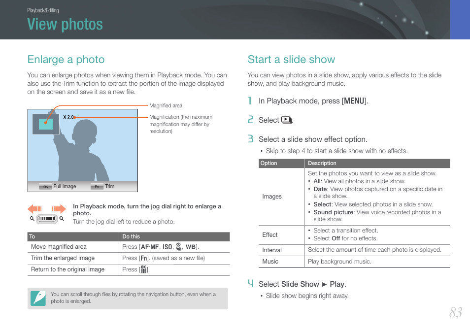 View photos, Enlarge a photo, Start a slide show | Enlarge a photo start a slide show | Samsung EV-NX100ZBABUS User Manual | Page 84 / 137