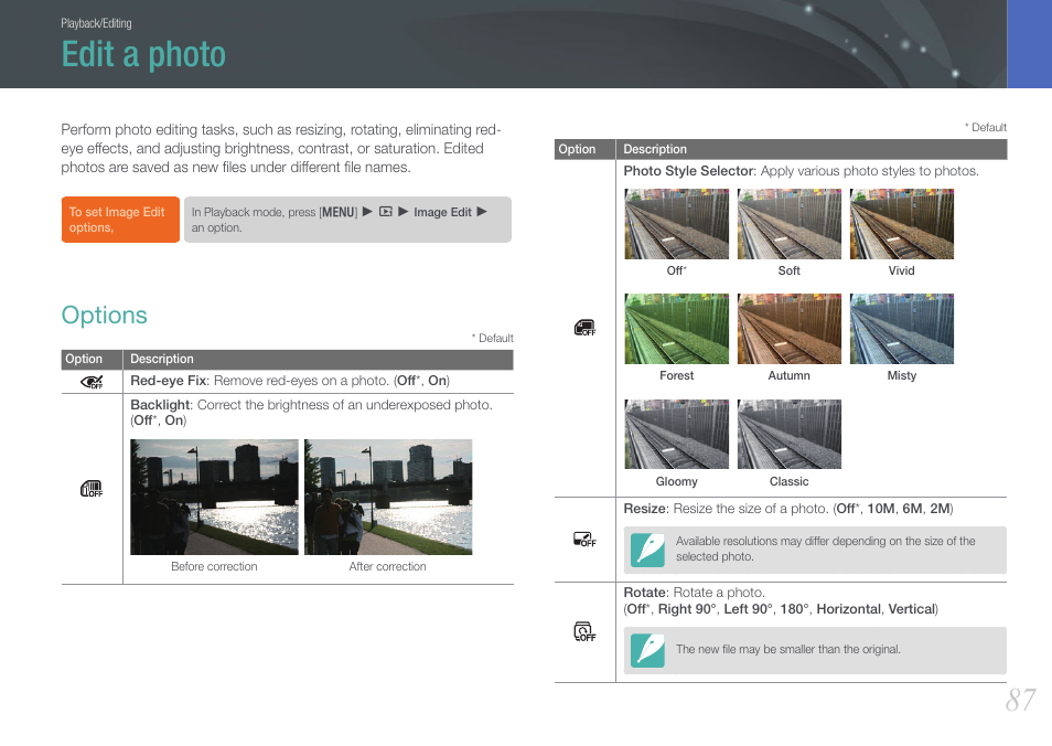 Edit a photo, Options | Samsung EV-NX100ZBABUS User Manual | Page 88 / 137