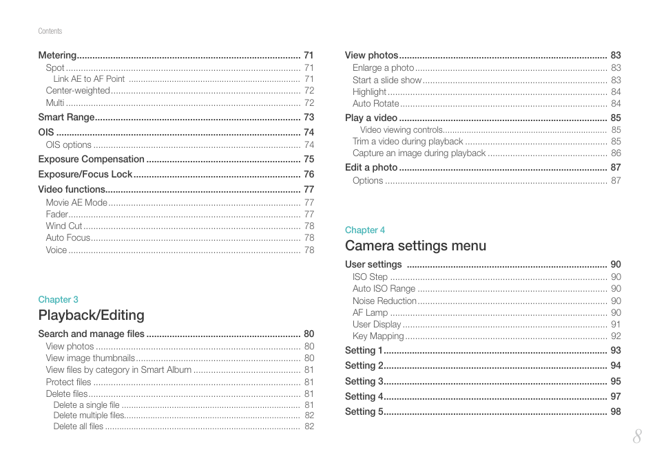 Playback/editing, Camera settings menu | Samsung EV-NX100ZBABUS User Manual | Page 9 / 137