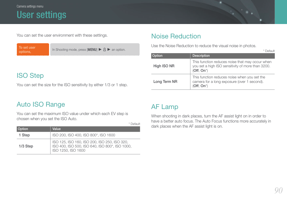 User settings, Iso step, Auto iso range | Noise reduction, Af lamp, Iso step auto iso range noise reduction af lamp | Samsung EV-NX100ZBABUS User Manual | Page 91 / 137