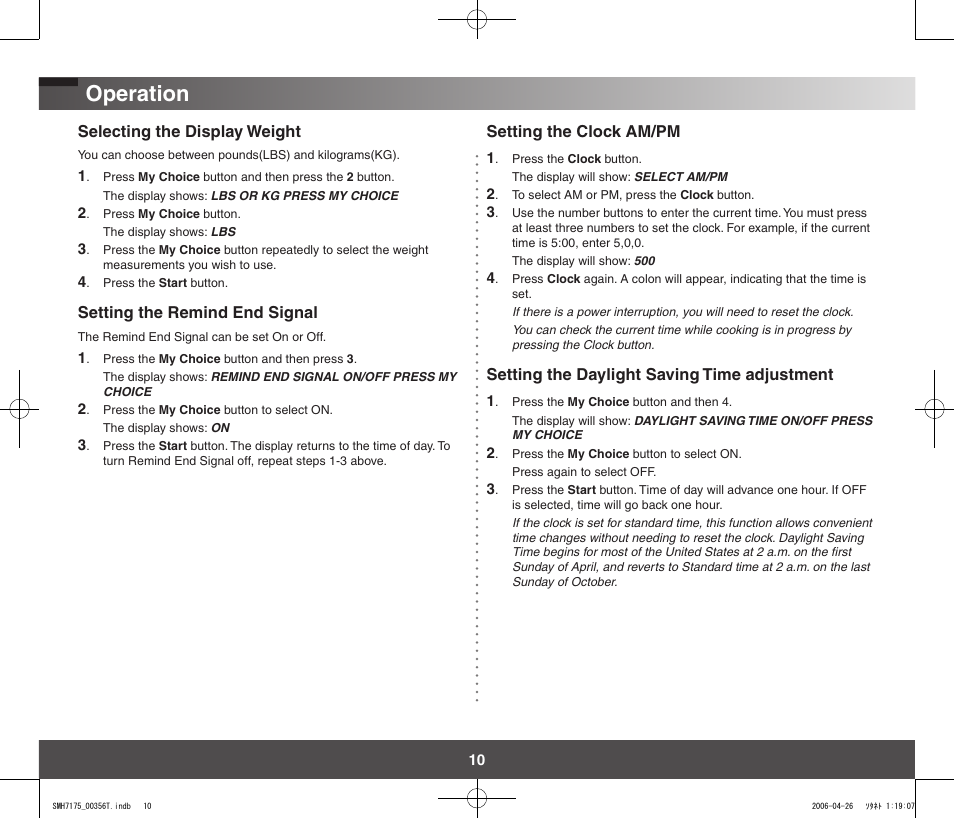 Operation | Samsung SMH7178STF-XAC User Manual | Page 10 / 34