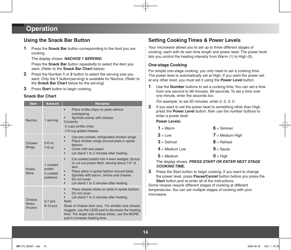 Operation, Using the snack bar button, Setting cooking times & power levels | Samsung SMH7178STF-XAC User Manual | Page 14 / 34