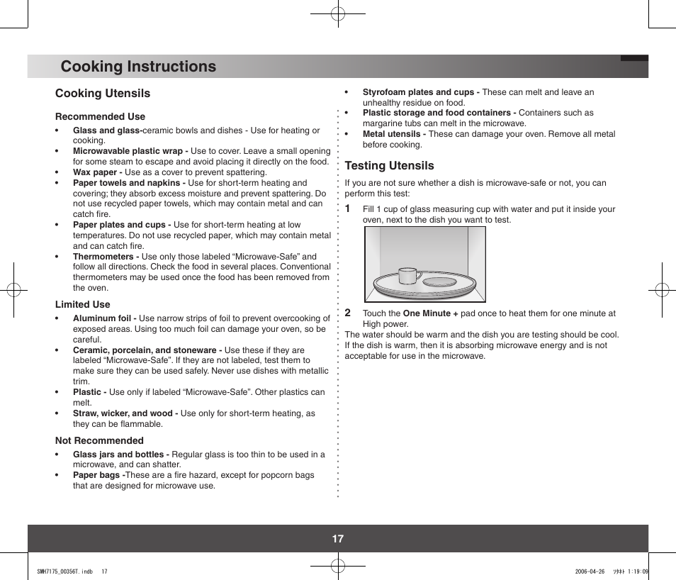 Cooking instructions, Cooking utensils, Testing utensils | Samsung SMH7178STF-XAC User Manual | Page 17 / 34