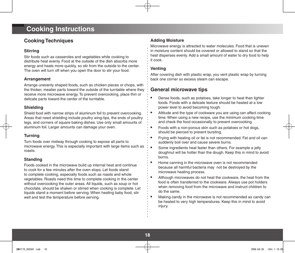 Cooking instructions | Samsung SMH7178STF-XAC User Manual | Page 18 / 34