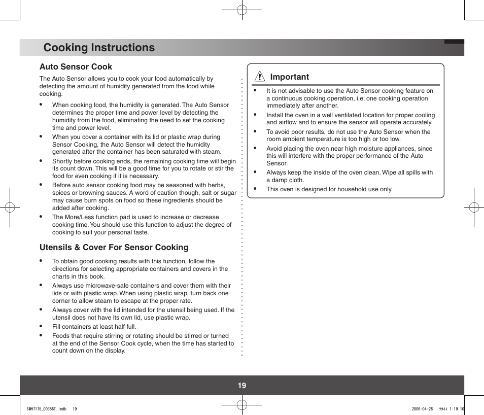 Cooking instructions | Samsung SMH7178STF-XAC User Manual | Page 19 / 34