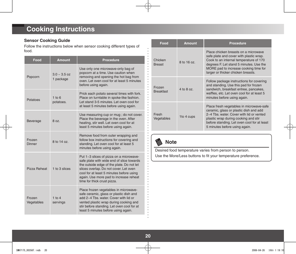 Cooking instructions | Samsung SMH7178STF-XAC User Manual | Page 20 / 34