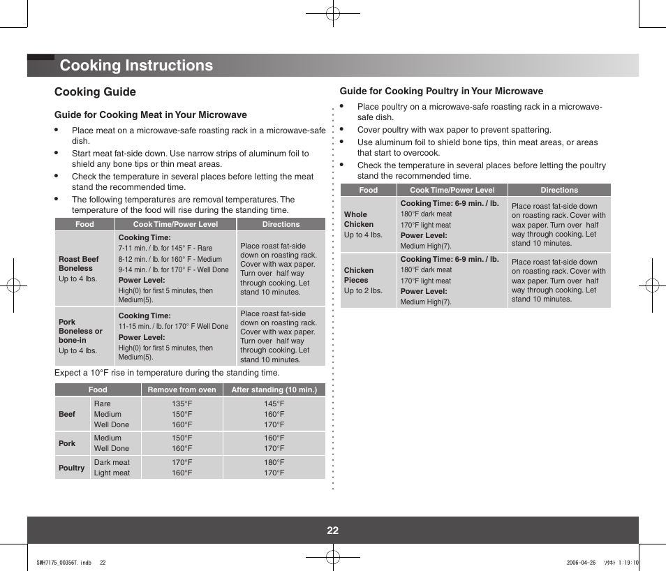 Cooking instructions, Cooking guide | Samsung SMH7178STF-XAC User Manual | Page 22 / 34
