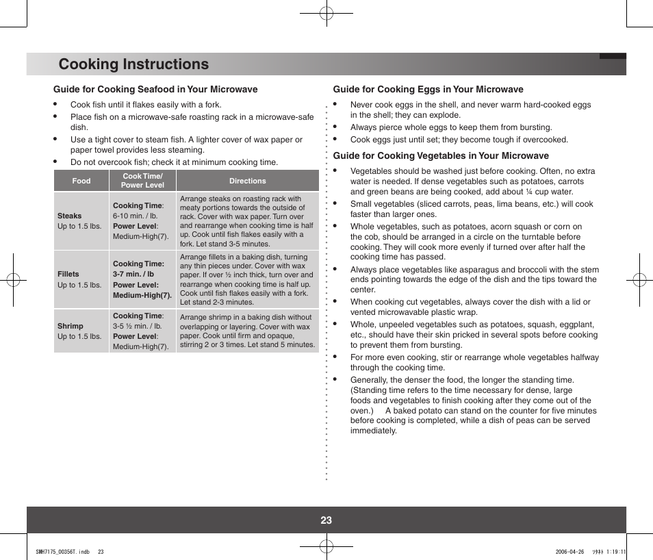 Cooking instructions | Samsung SMH7178STF-XAC User Manual | Page 23 / 34