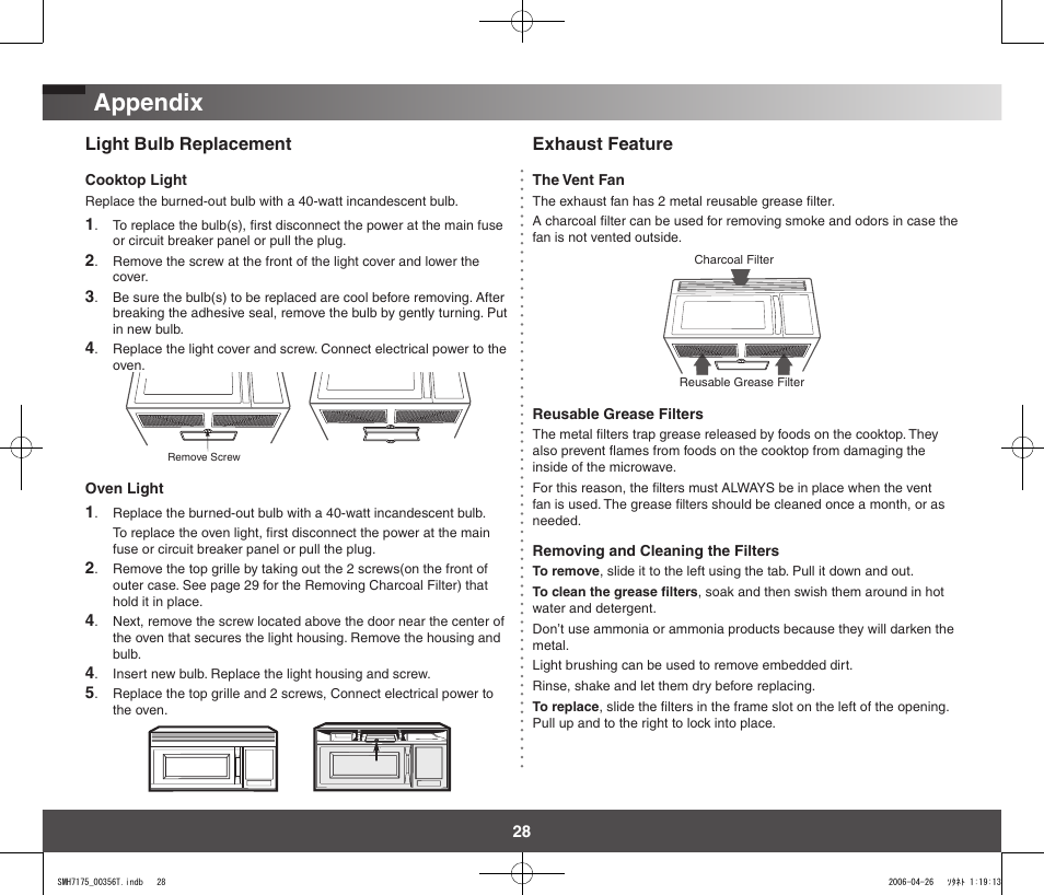 Appendix, Light bulb replacement, Exhaust feature | Samsung SMH7178STF-XAC User Manual | Page 28 / 34
