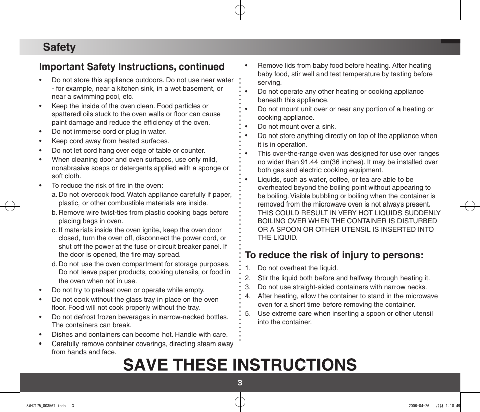 Safety, Important safety instructions, continued | Samsung SMH7178STF-XAC User Manual | Page 3 / 34