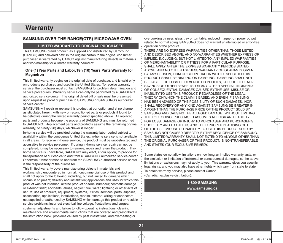 Warranty | Samsung SMH7178STF-XAC User Manual | Page 31 / 34