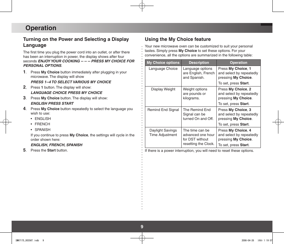 Operation | Samsung SMH7178STF-XAC User Manual | Page 9 / 34