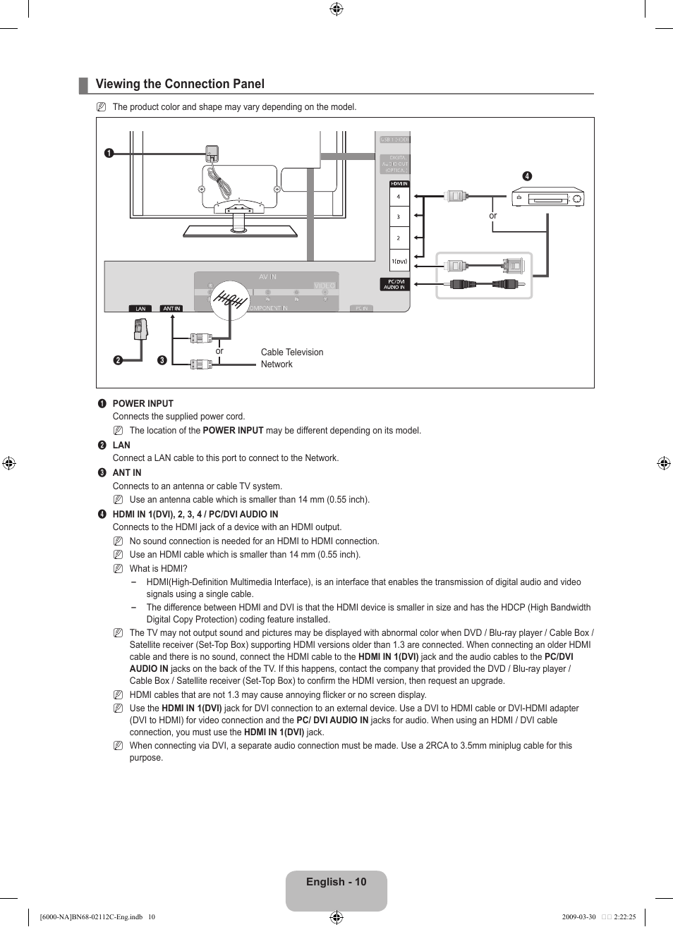 Viewing the connection panel | Samsung UN55B6000VFXZA User Manual | Page 12 / 239