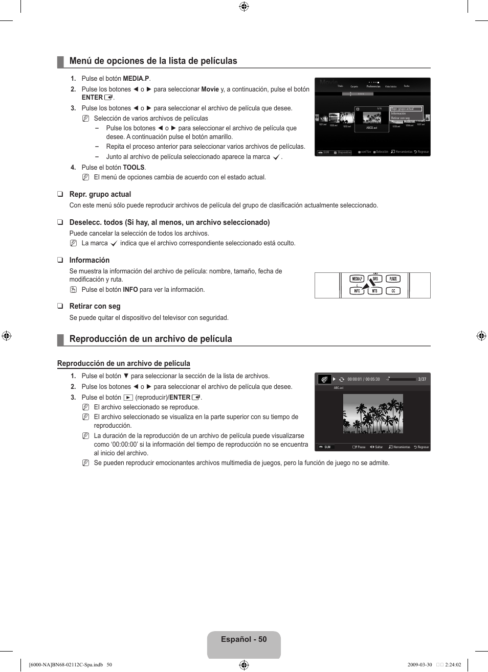 Menú de opciones de la lista de películas, Reproducción de un archivo de película, Español - 0 | Repr. grupo actual, Información, Retirar con seg | Samsung UN55B6000VFXZA User Manual | Page 139 / 239