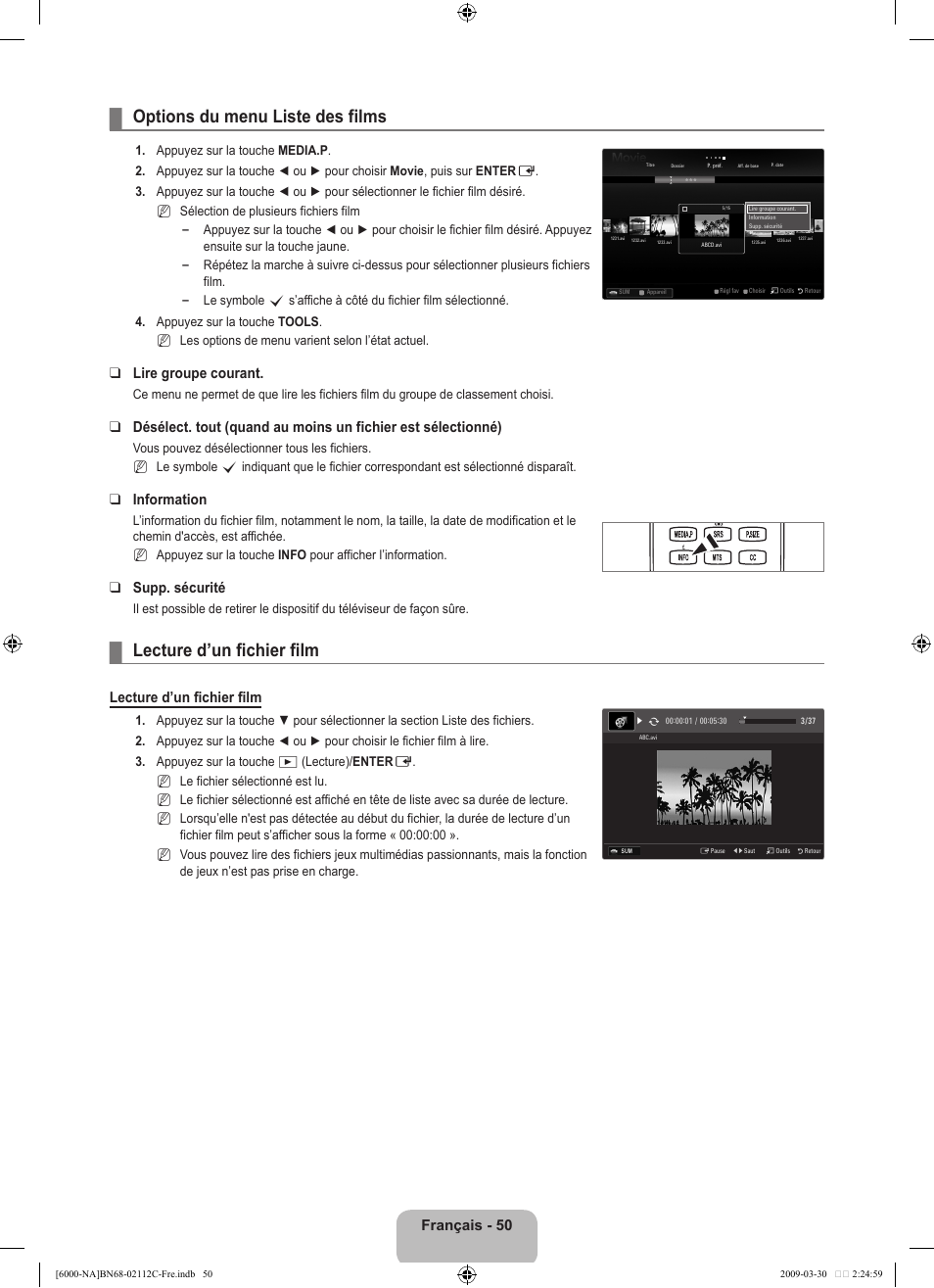 Options du menu liste des films, Lecture d’un fichier film, Français - 0 | Lire groupe courant, Information, Supp. sécurité | Samsung UN55B6000VFXZA User Manual | Page 215 / 239
