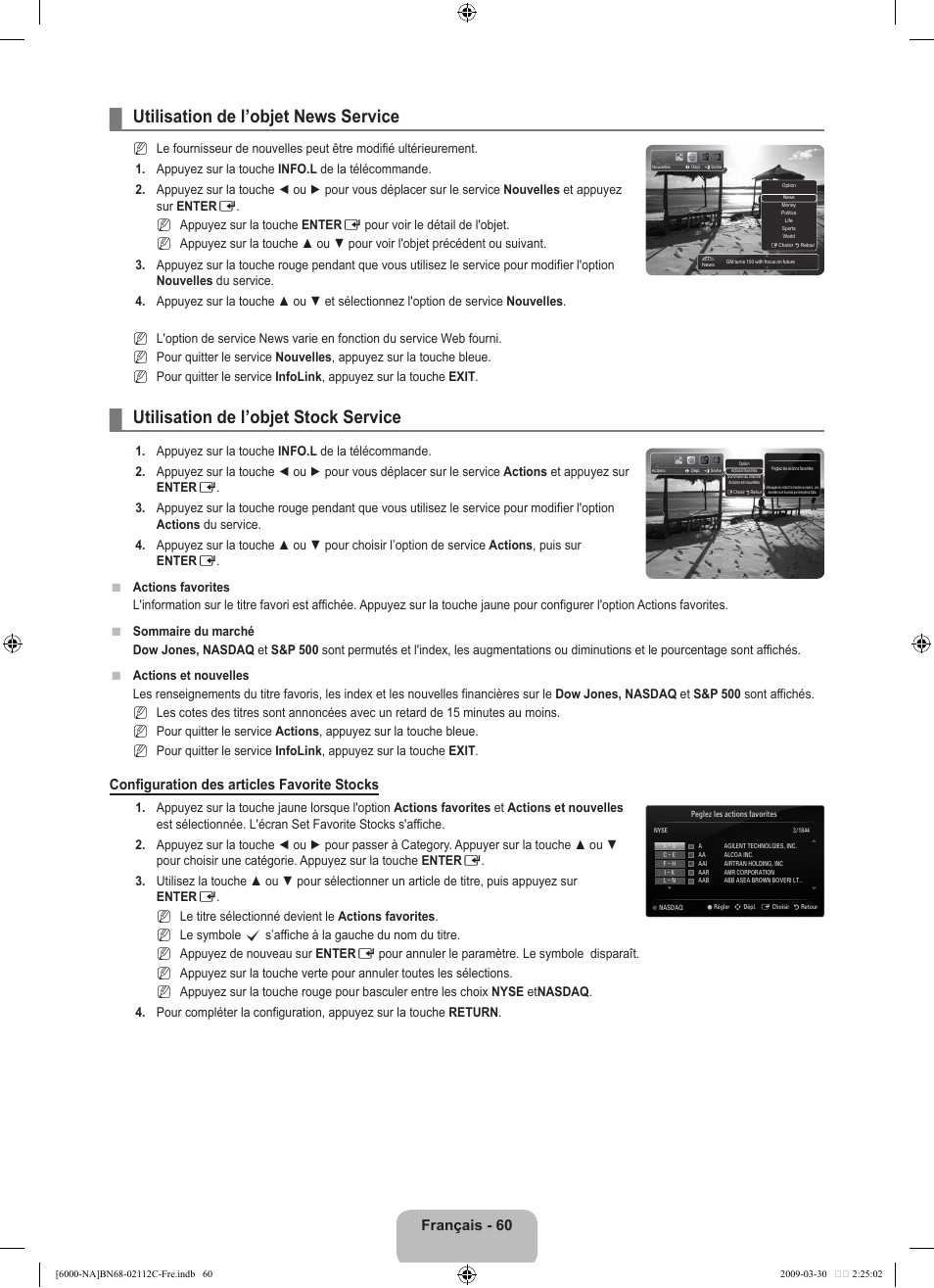 Utilisation de l’objet news service, Utilisation de l’objet stock service, Français - 60 | Configuration des articles favorite stocks | Samsung UN55B6000VFXZA User Manual | Page 225 / 239