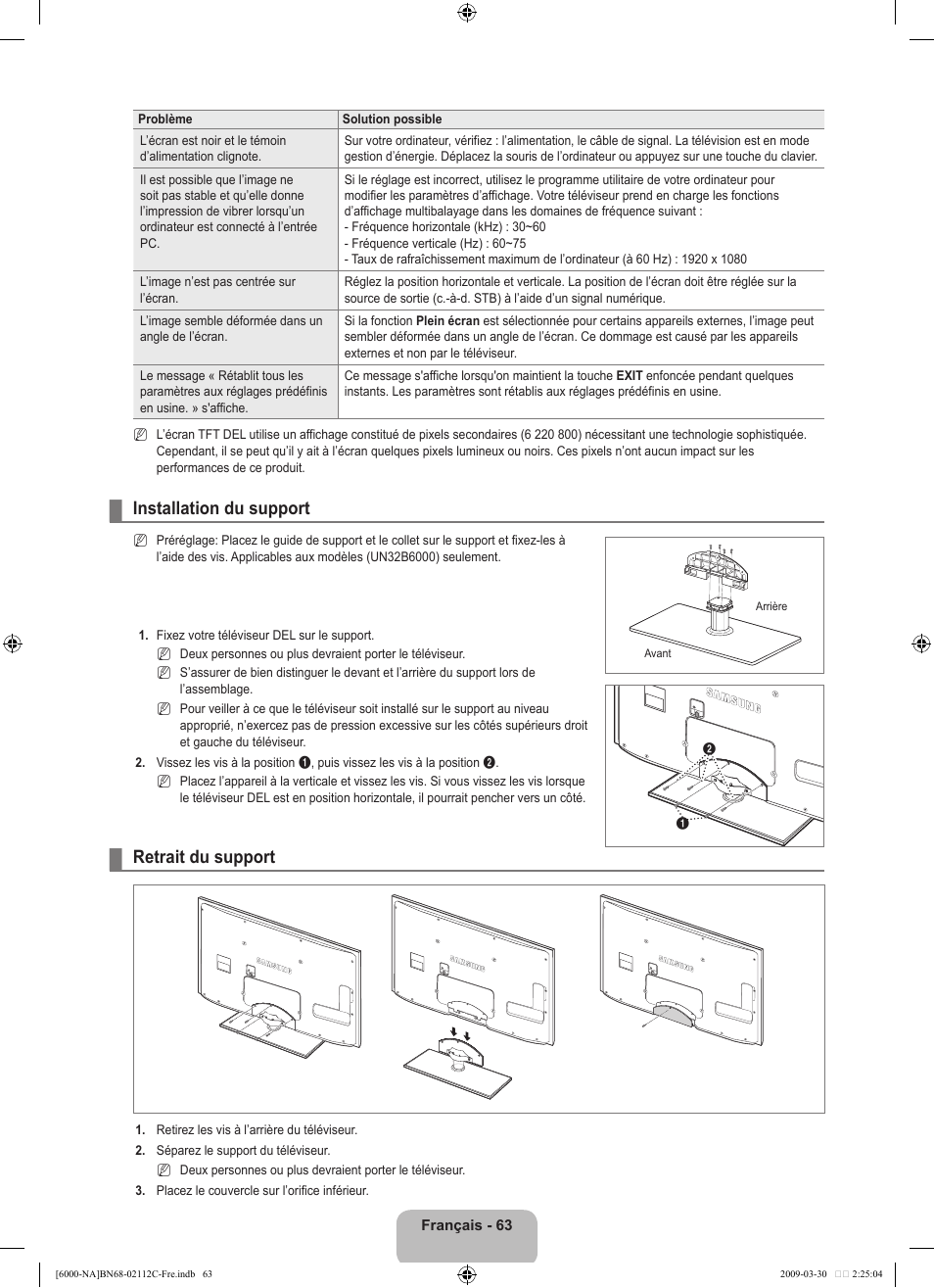 Installation du support, Retrait du support | Samsung UN55B6000VFXZA User Manual | Page 228 / 239