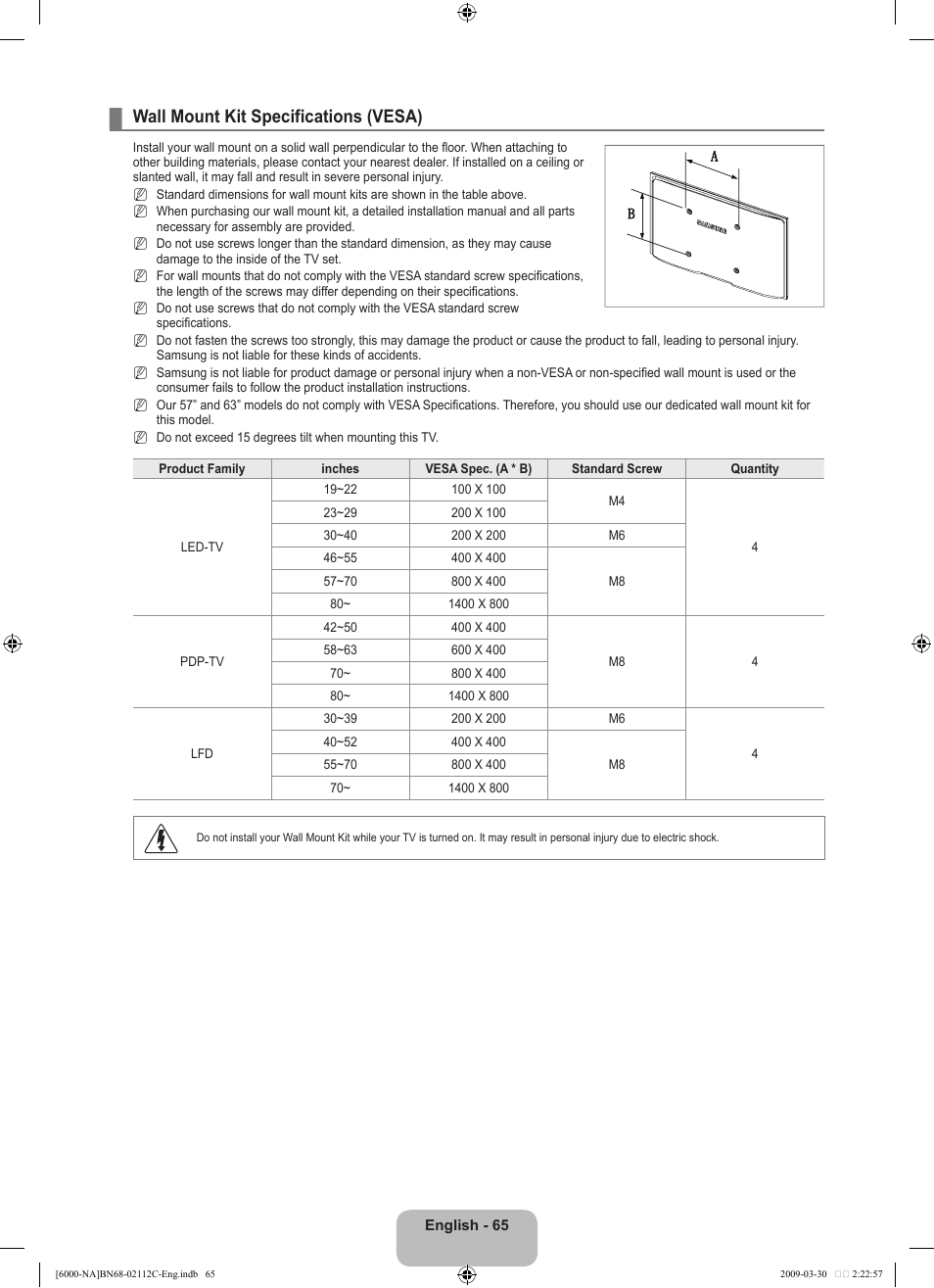 Wall mount kit specifications (vesa) | Samsung UN55B6000VFXZA User Manual | Page 67 / 239