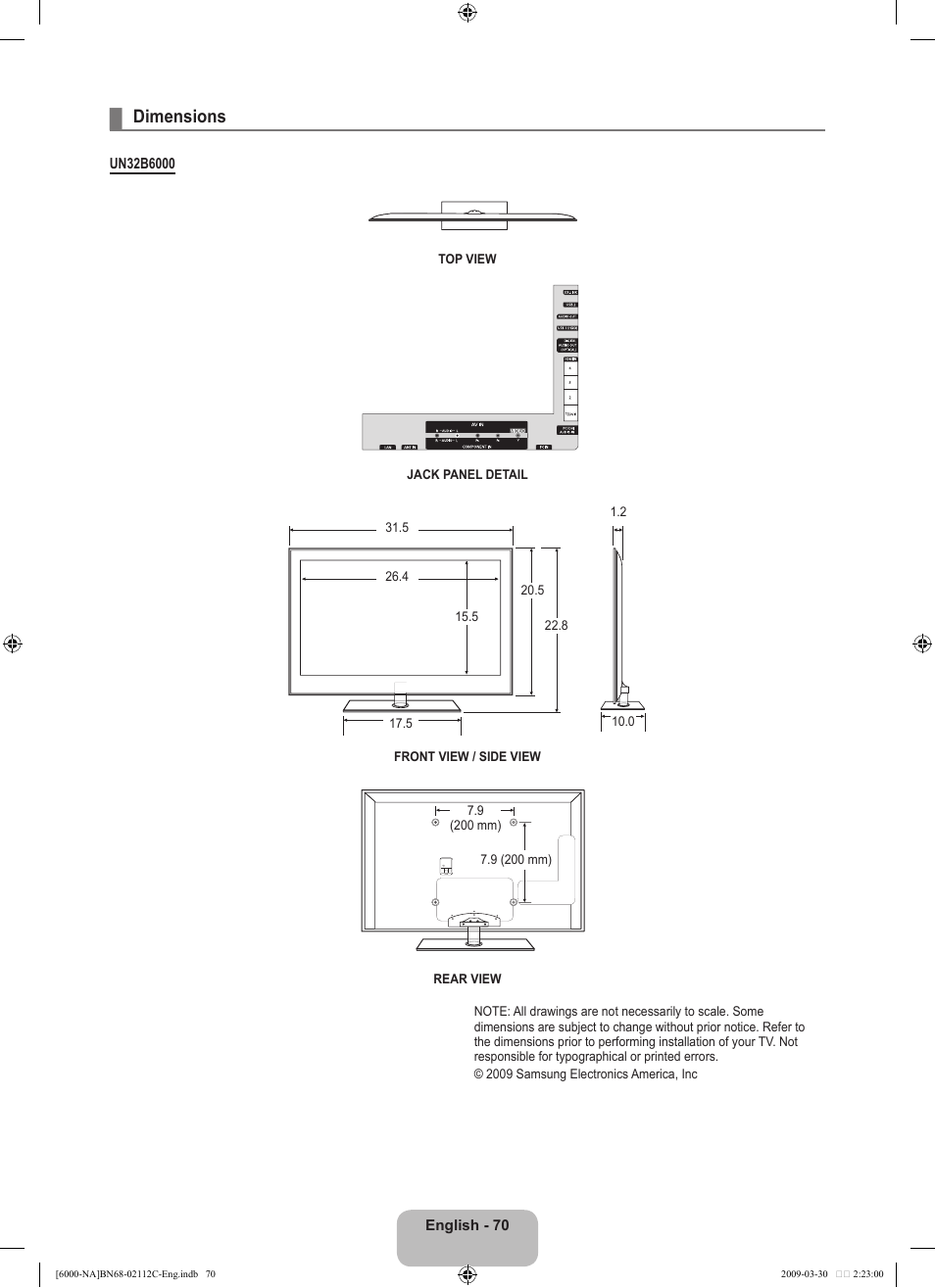 Dimensions | Samsung UN55B6000VFXZA User Manual | Page 72 / 239