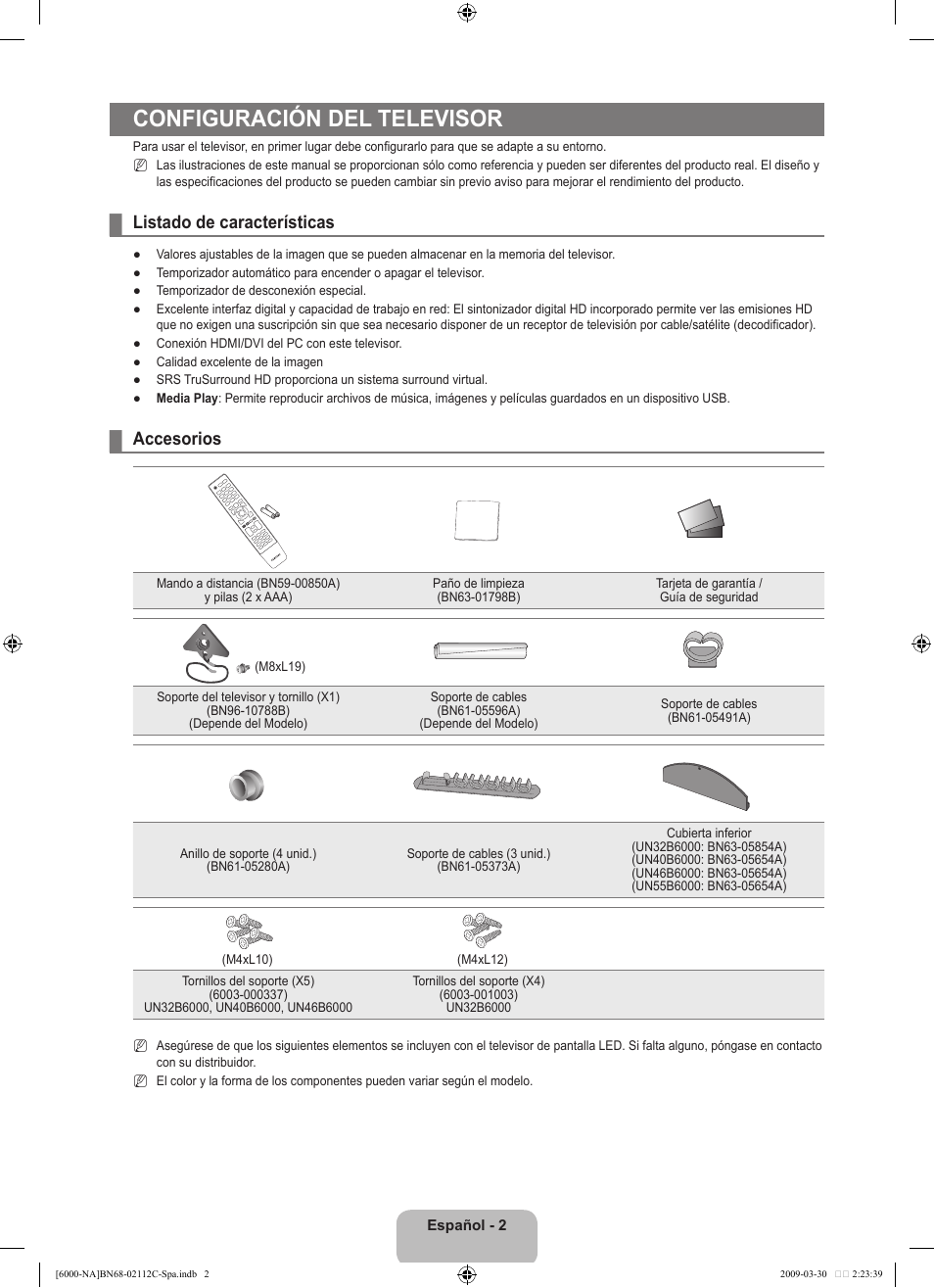 Configuración del televisor, Listado de características, Accesorios | Samsung UN55B6000VFXZA User Manual | Page 91 / 239