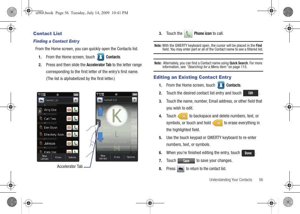 Contact list, Editing an existing contact entry, Contact list editing an existing contact entry | Samsung SCH-U960ZSAVZW User Manual | Page 59 / 201