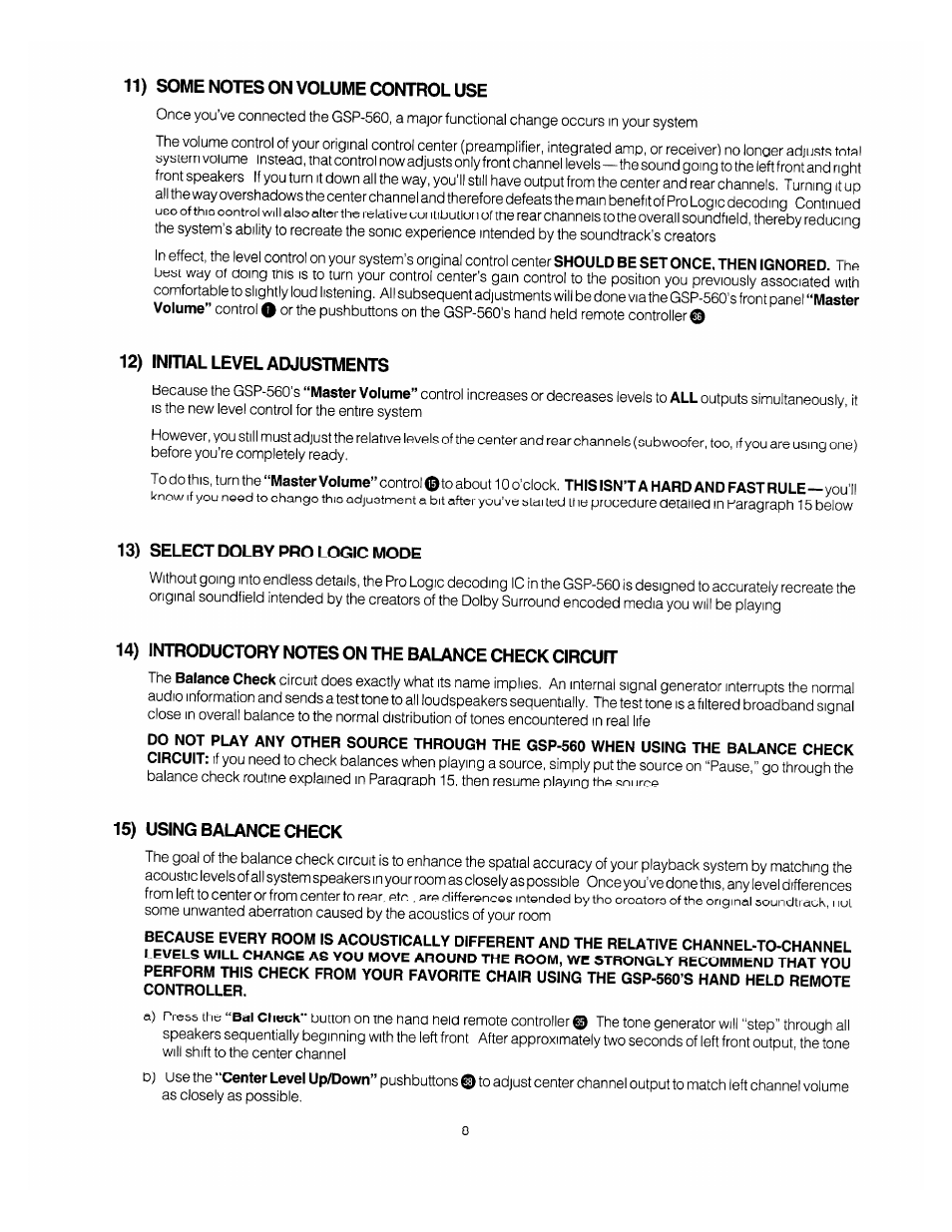 11) some notes on volume control use, 12) initial level adjustments, 13) select dolby pro logic mode | 15) using balance check | Adcom GSP-560 User Manual | Page 10 / 14