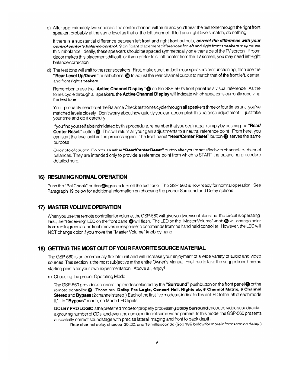 16) resuming normal operation, 17) master volume operation | Adcom GSP-560 User Manual | Page 11 / 14