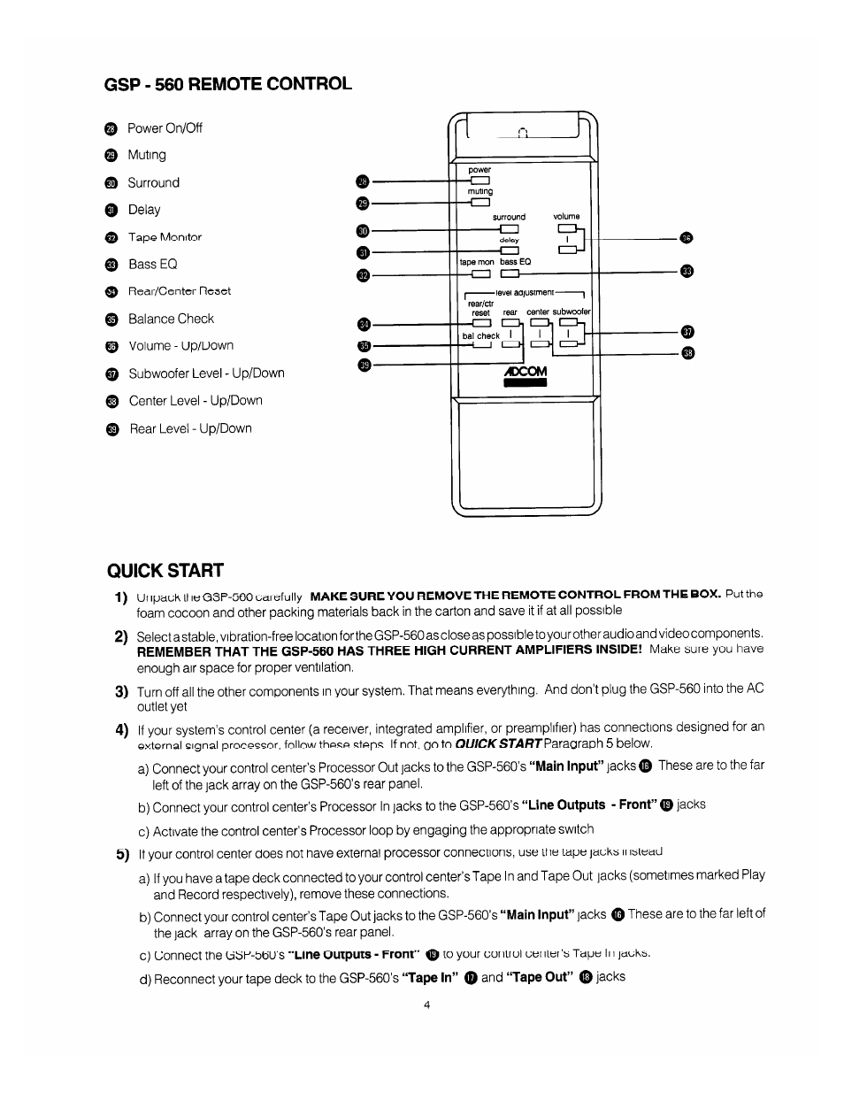 Gsp - 560 remote control, Quick start | Adcom GSP-560 User Manual | Page 6 / 14