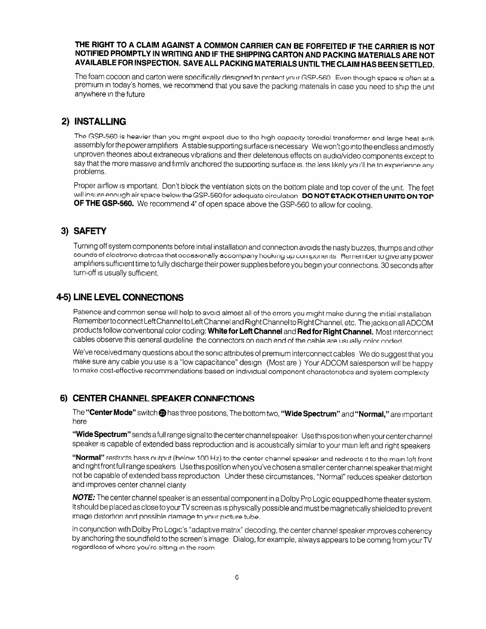 2) installing, 3) safety, 4~5) line level connections | 6) center channel speaker connections | Adcom GSP-560 User Manual | Page 8 / 14