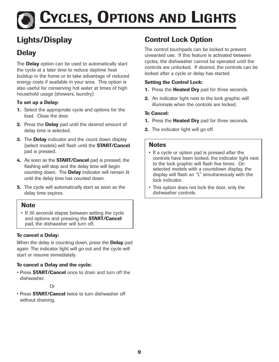 Ycles, Ptions and, Ights | Lights/display | Samsung DB5710DT User Manual | Page 10 / 17