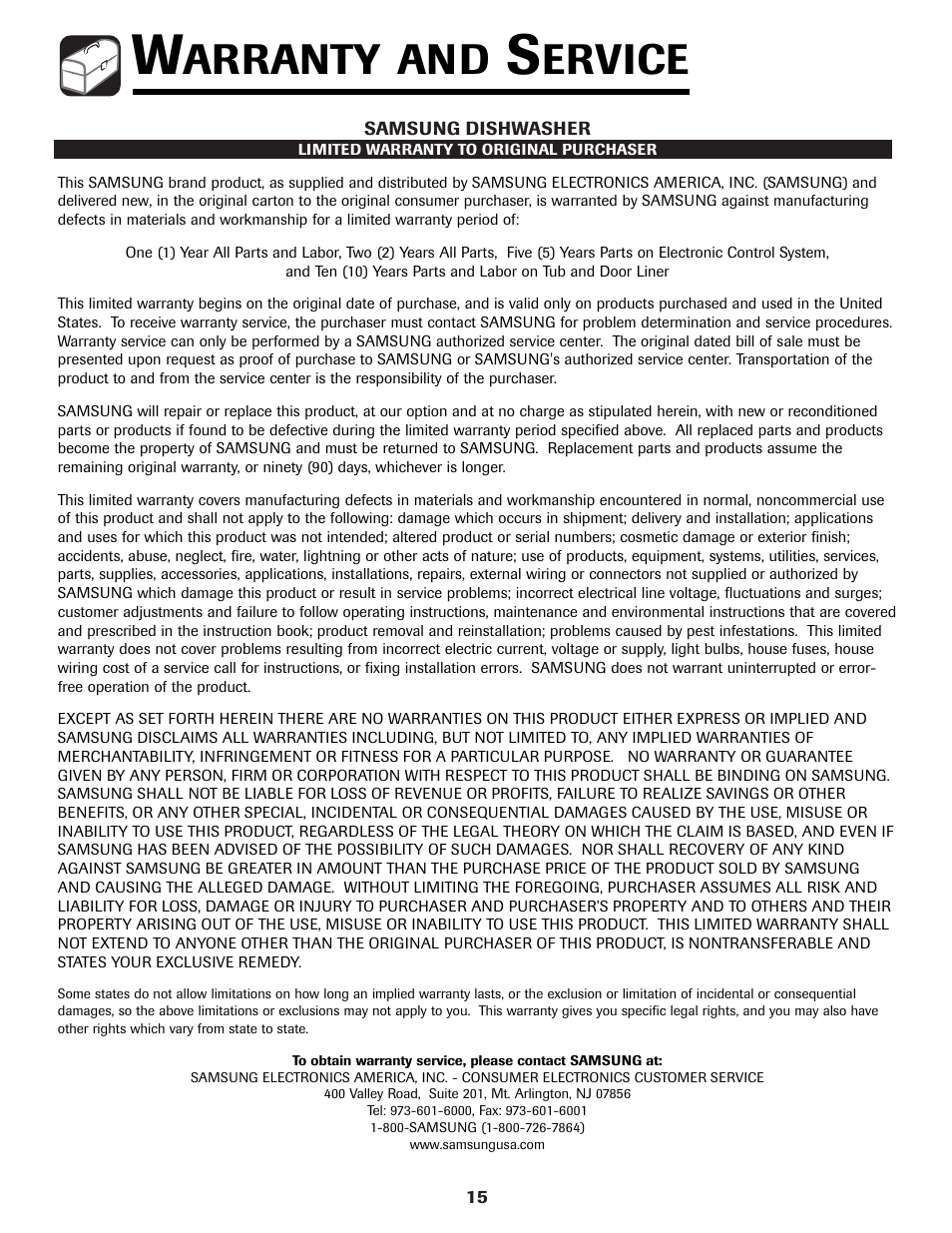 Warranty and service, Arranty and, Ervice | Samsung DB5710DT User Manual | Page 16 / 17