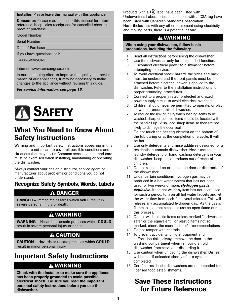 Safety, Afety, What you need to know about safety instructions | Save these instructions for future reference, Important safety instructions | Samsung DB5710DT User Manual | Page 2 / 17
