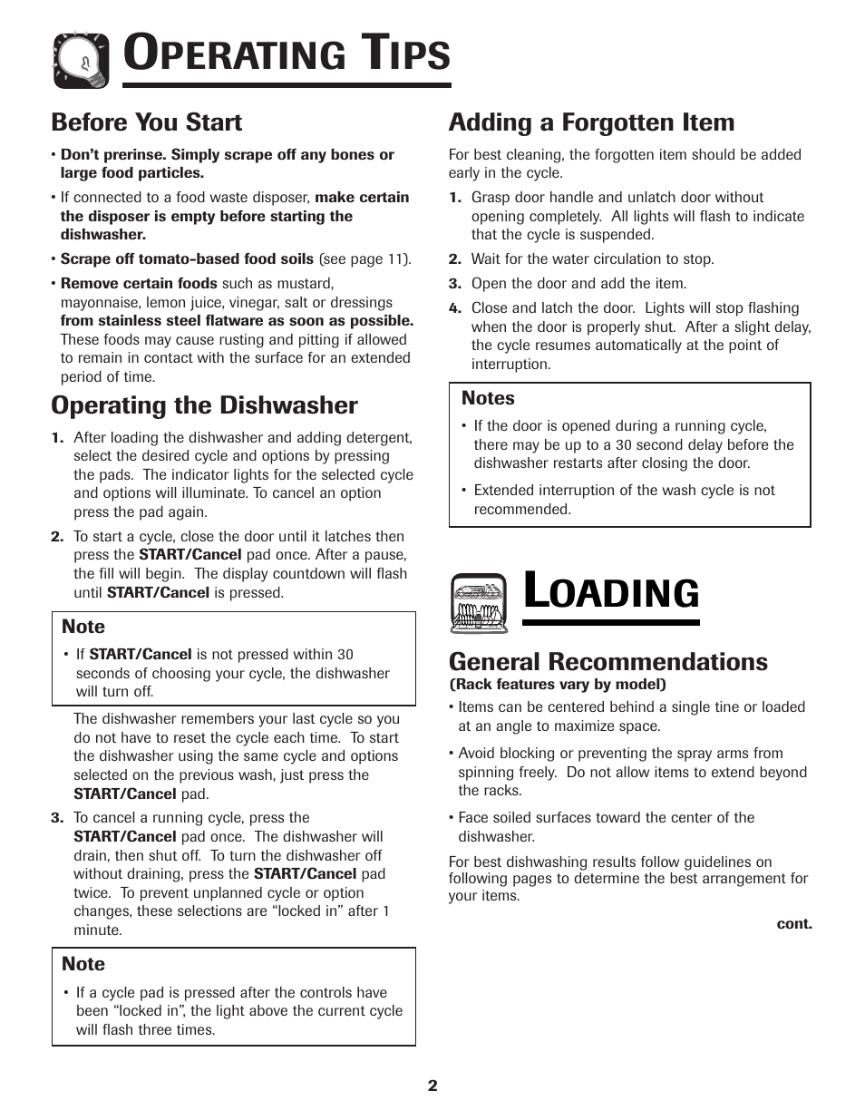 Operating tips, Perating, Oading | Before you start, Operating the dishwasher, Adding a forgotten item, General recommendations | Samsung DB5710DT User Manual | Page 3 / 17