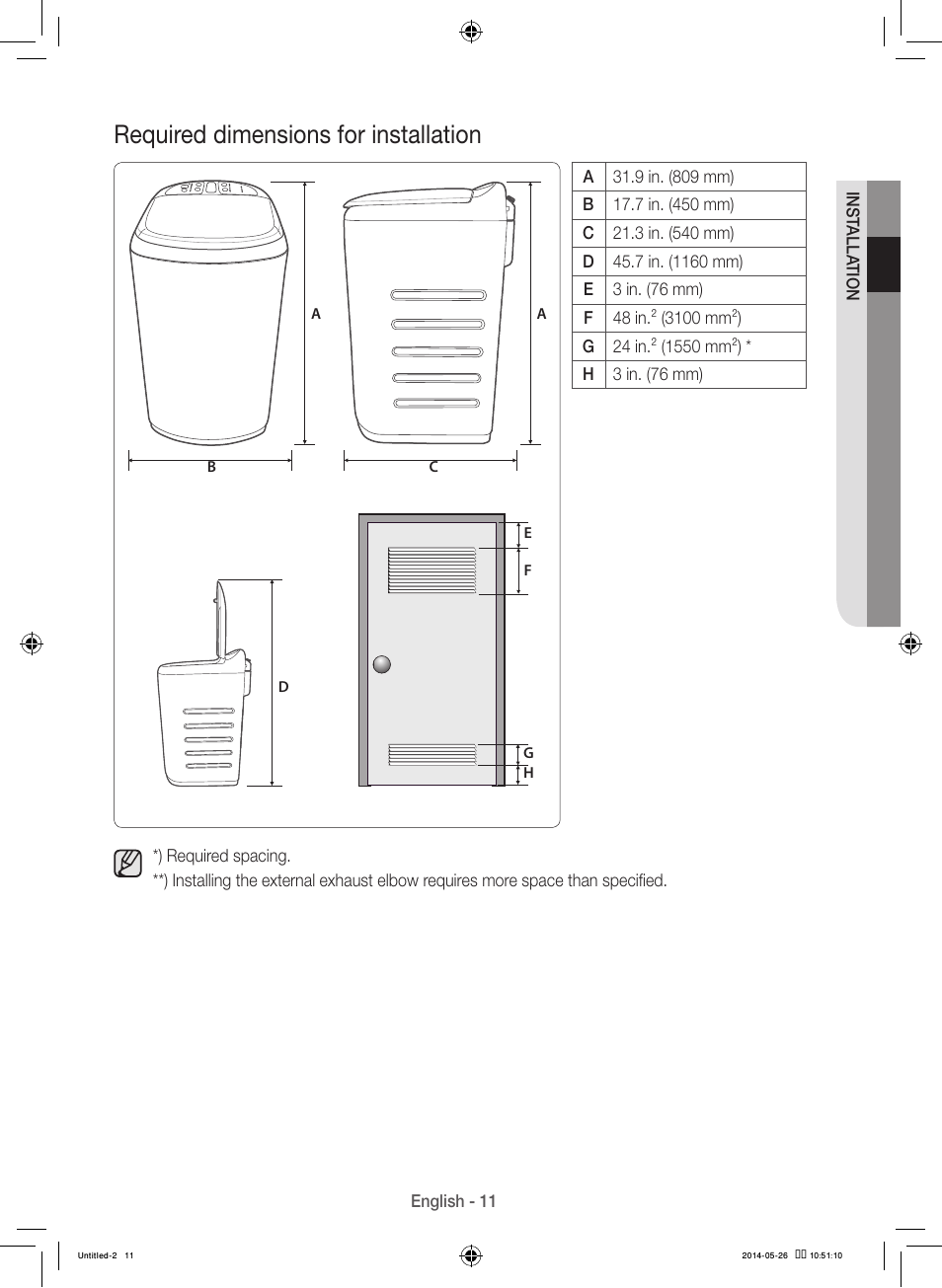 Required dimensions for installation | Samsung WB09H7300GP-A1 User Manual | Page 11 / 132